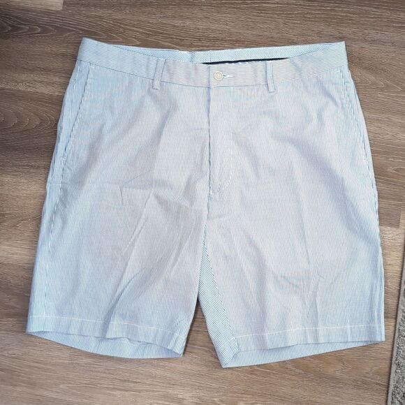 Peter Millar Summer Pinstripe Shorts Flat Front Sz 36 Blue & White Stripe Preppy - Picture 2 of 10